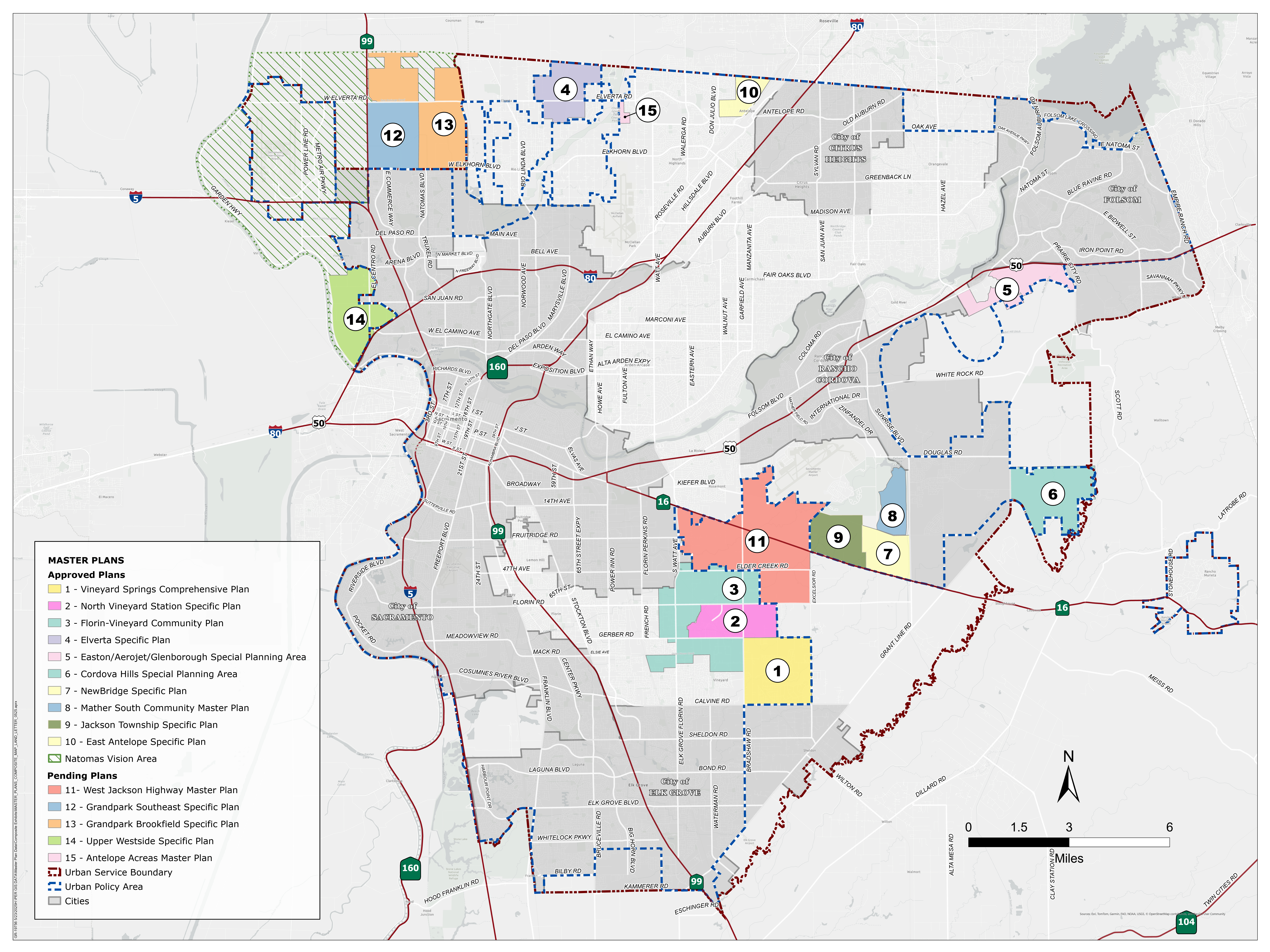 Approved master plans, pending master plans, urban services boundary and urban policy area for the unincorporated areas of Sacramento County