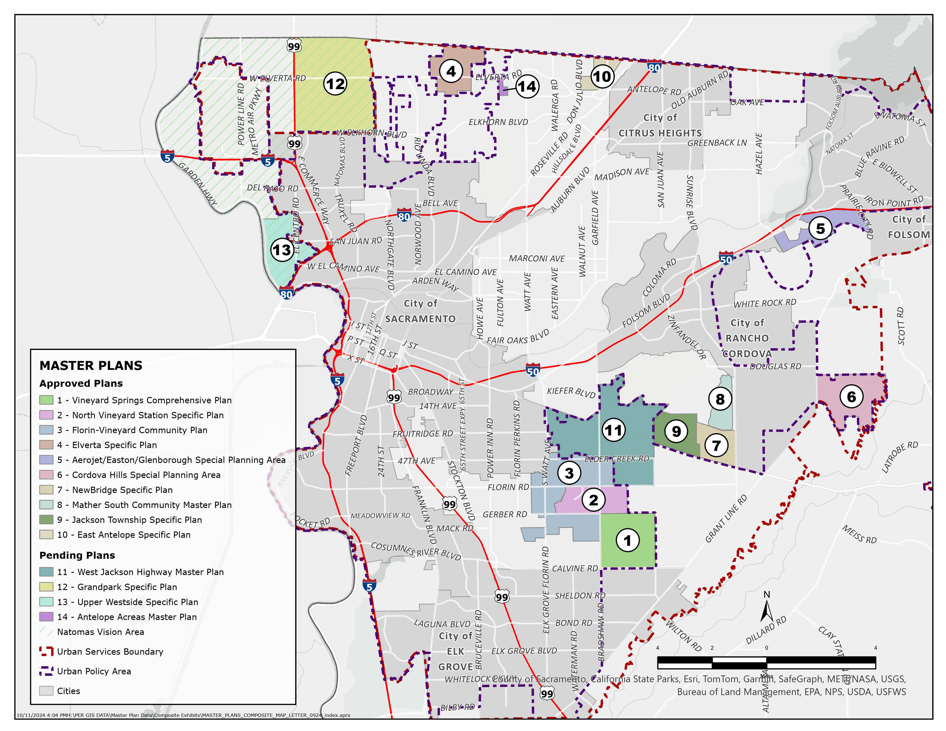 Approved master plans, pending master plans, urban services boundary and urban policy area for the unincorporated areas of Sacramento County